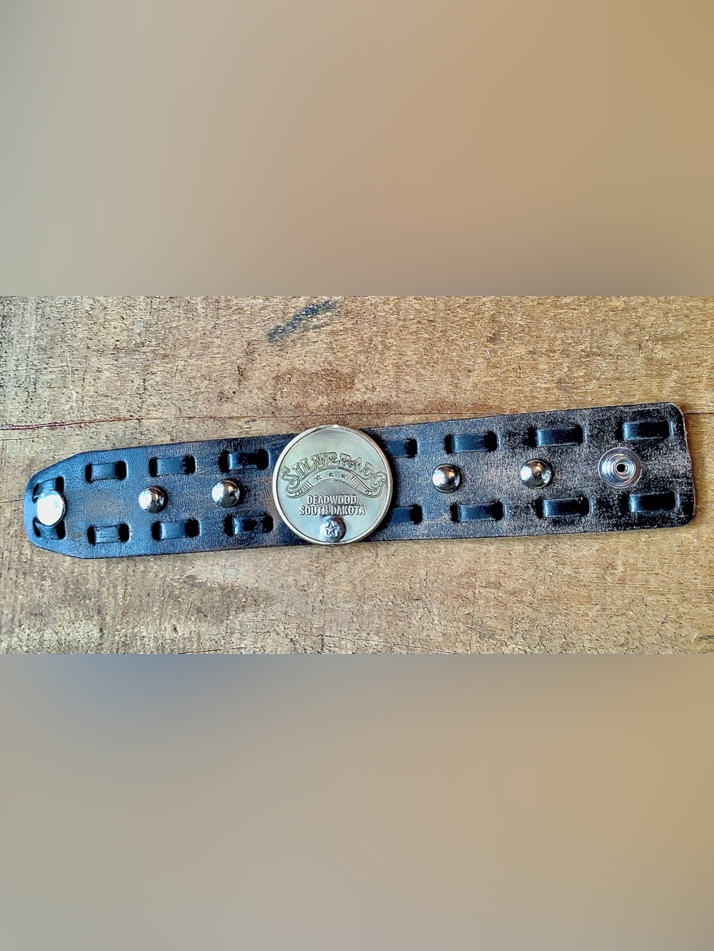 Leather cuff ,Brass, Deadwood Medallion, up to 6 1/2” wrist - Picture 4 of 9